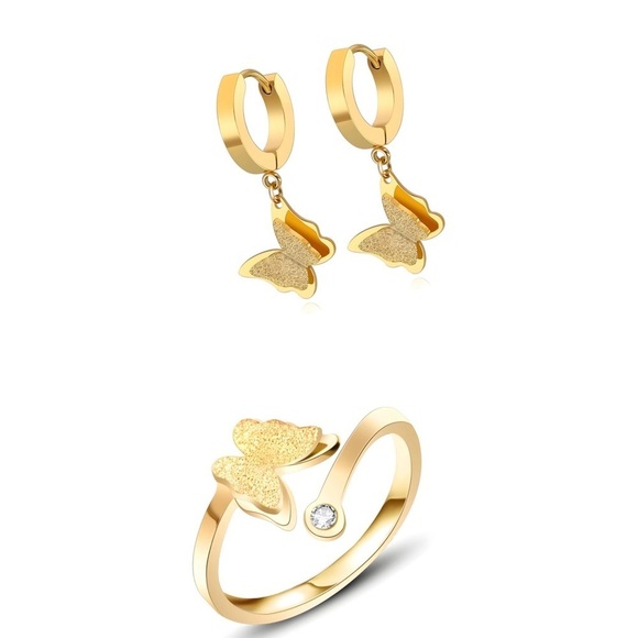 NEW- Gold Earrings & Ring in set/ 18K gold plated‎ Butterflies Dangle Earrings - Picture 1 of 3